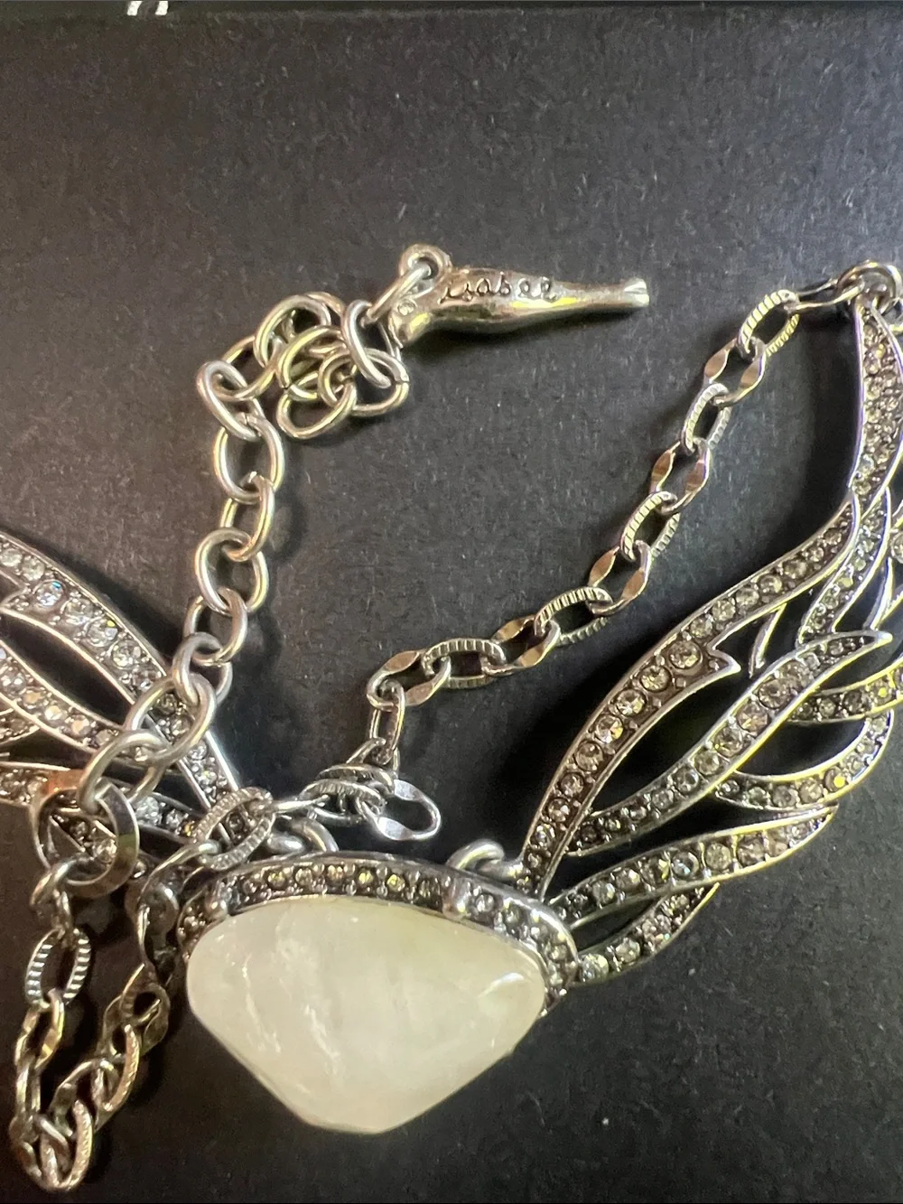 Crystal owl Wing Necklace with White Center Stone pave stones